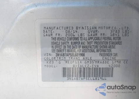 2014 Nissan Sentra S z USA, uszkodzony, nr VIN 3N1AB7AP5EL681966